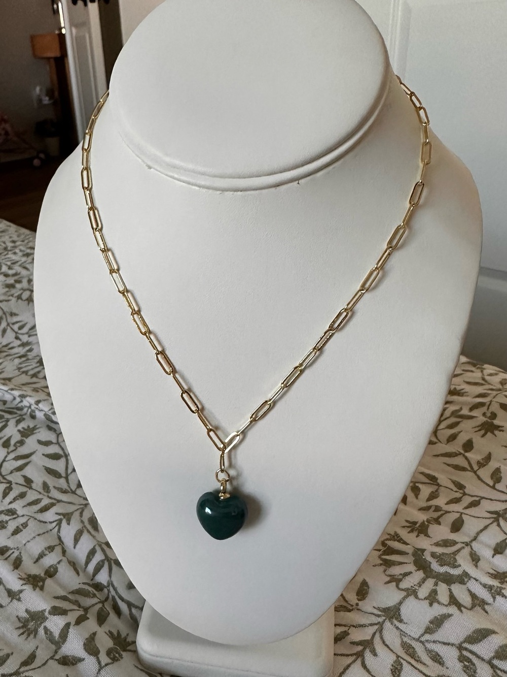 Golden Plated Paperclip Chain Necklace with Dark Green Heart Pendant
